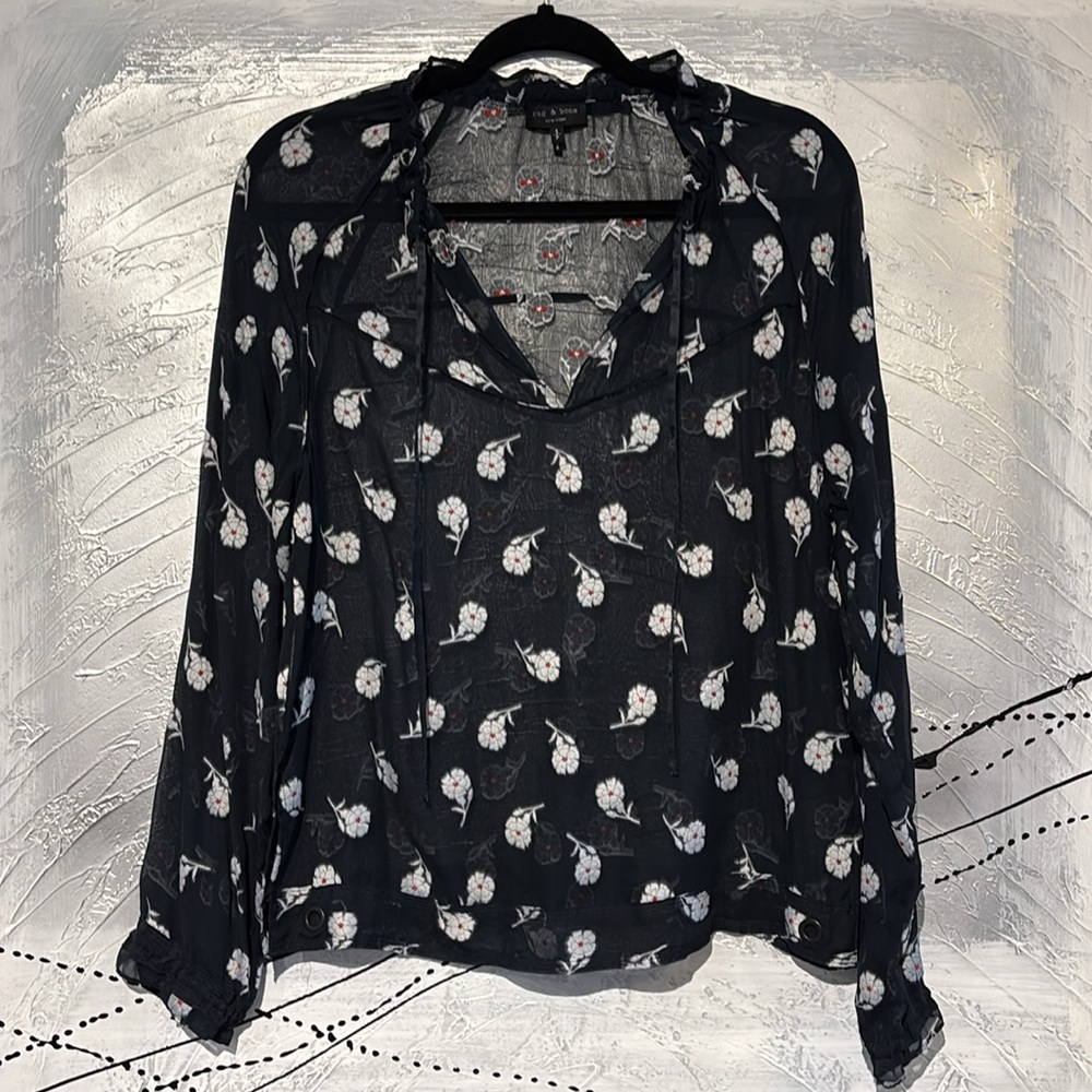 Rag & Bone Sheer Floral Silk Blouse Top Size S Blue & White - Picture 7 of 16